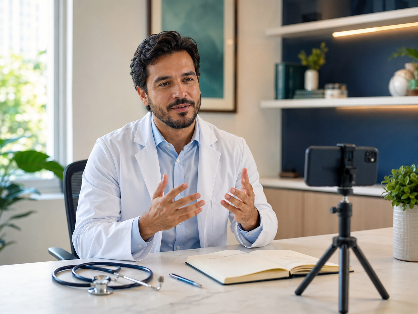 Dentista gravando vídeo educativo com celular em tripé
