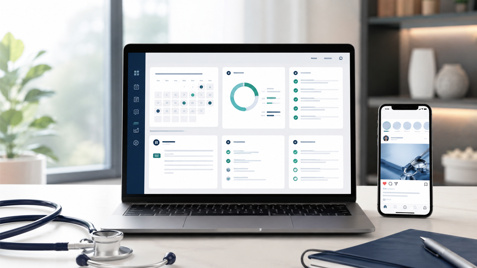 Notebook mostrando painel da plataforma ImpulsaFlow Odonto e celular com rede social