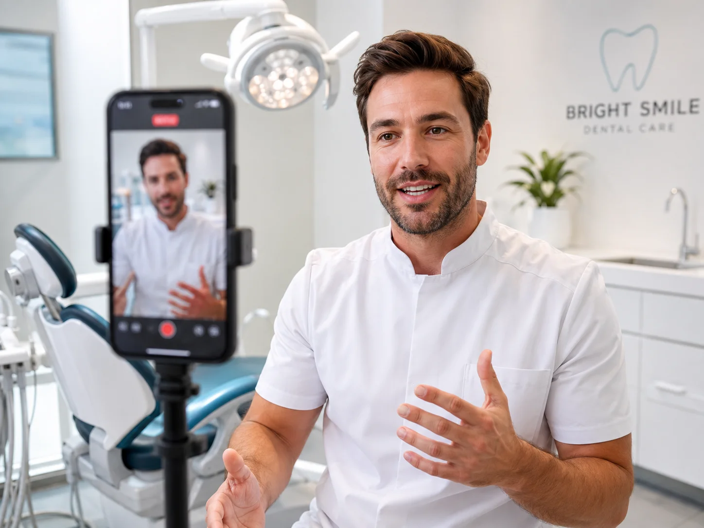 Dentista gravando vídeo educativo com celular em tripé
