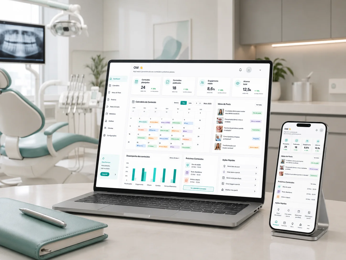 Notebook mostrando painel da plataforma ImpulsaFlow Odonto e celular com rede social